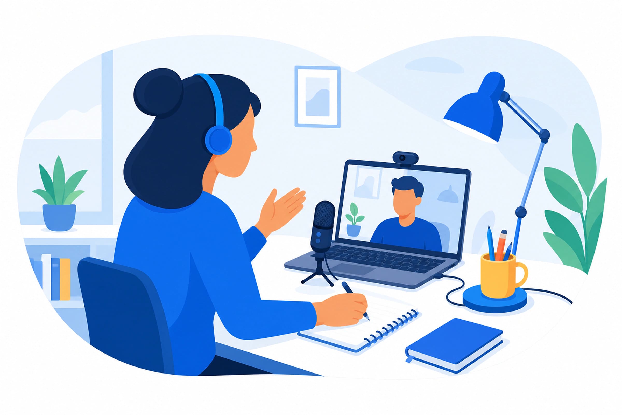 Profesora impartiendo una clase online con ordenador, micrófono y materiales organizados