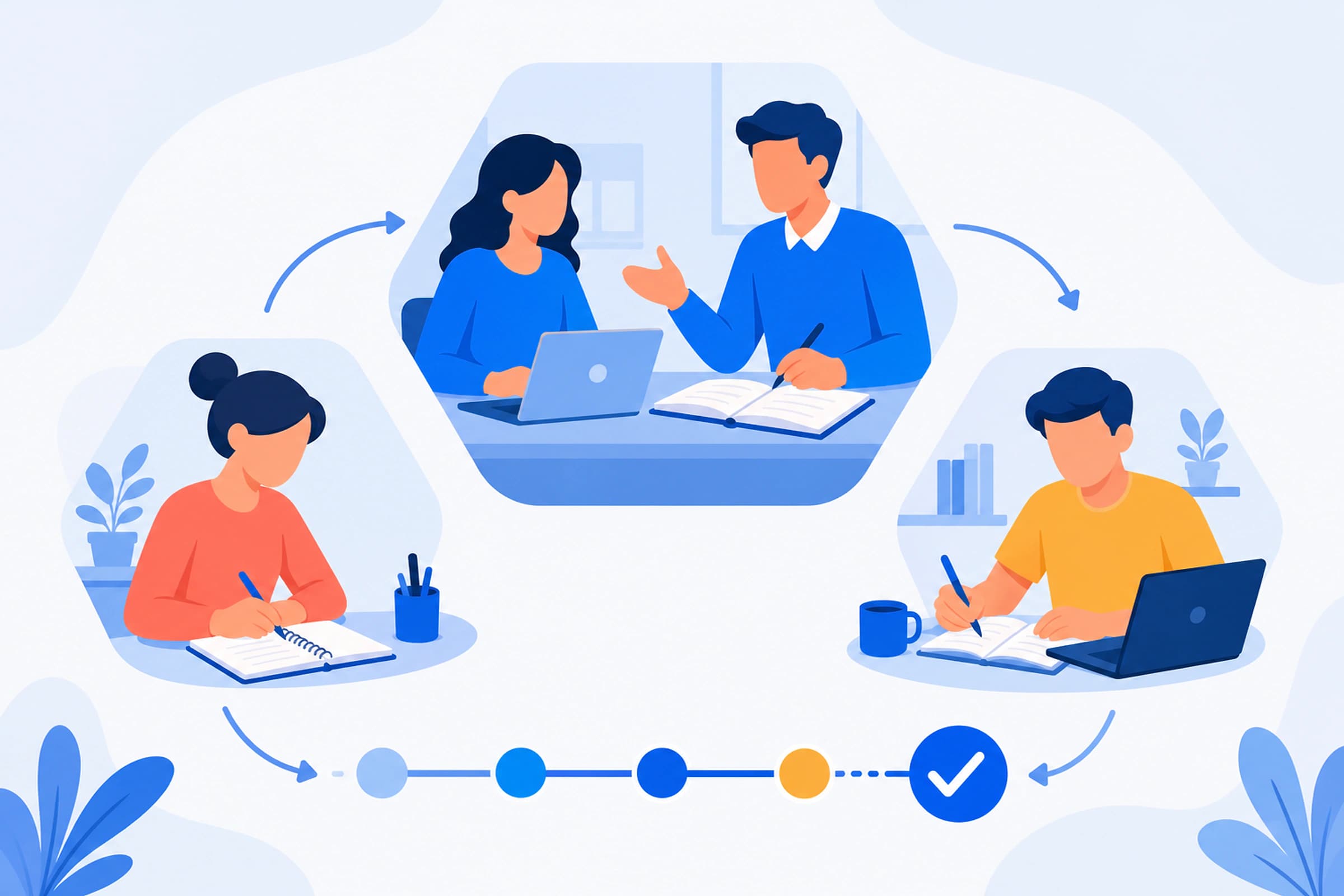 Alumno siguiendo un ciclo de preparación, clase, práctica y revisión de progreso