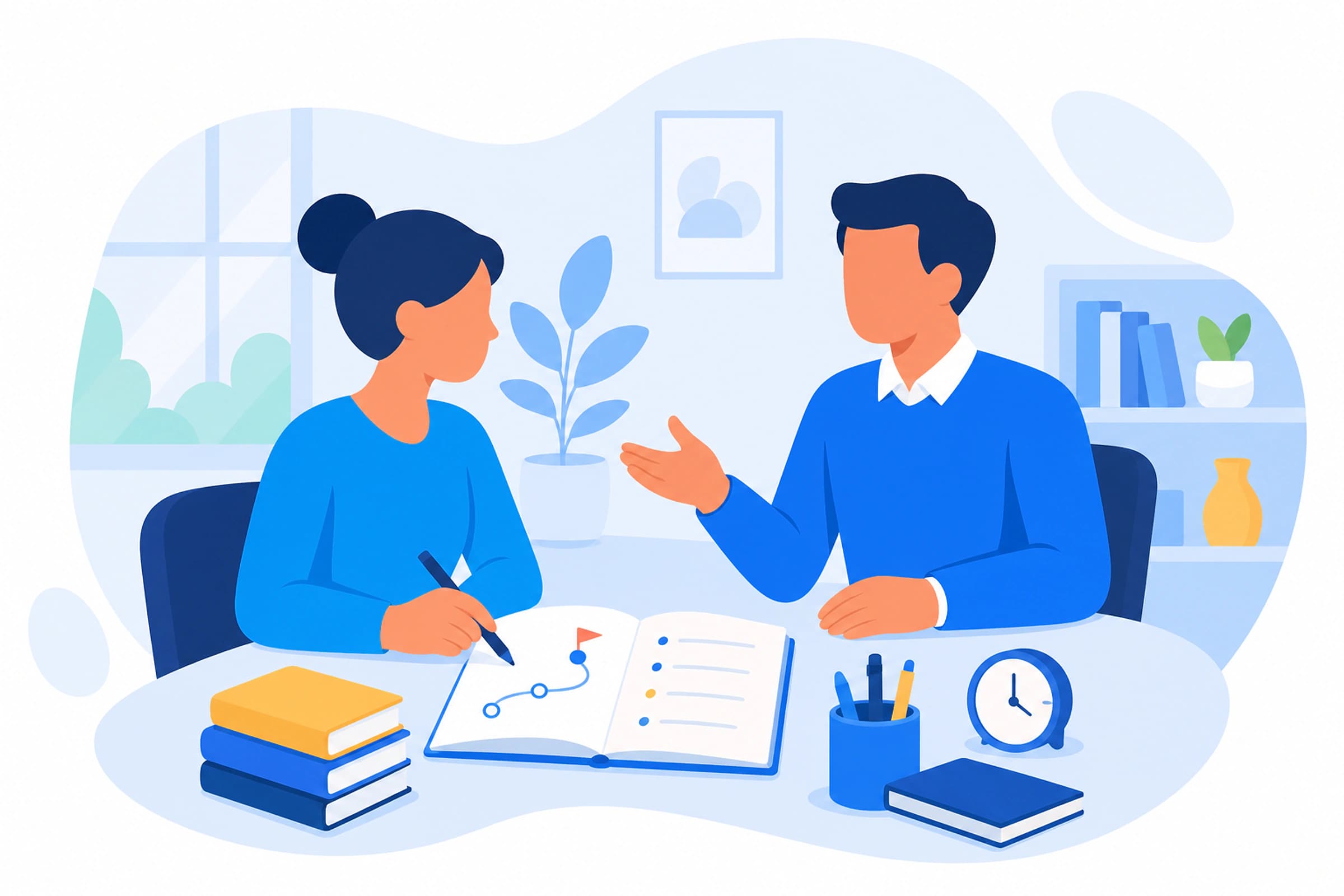 Profesor y alumna planificando juntos los objetivos de la primera clase