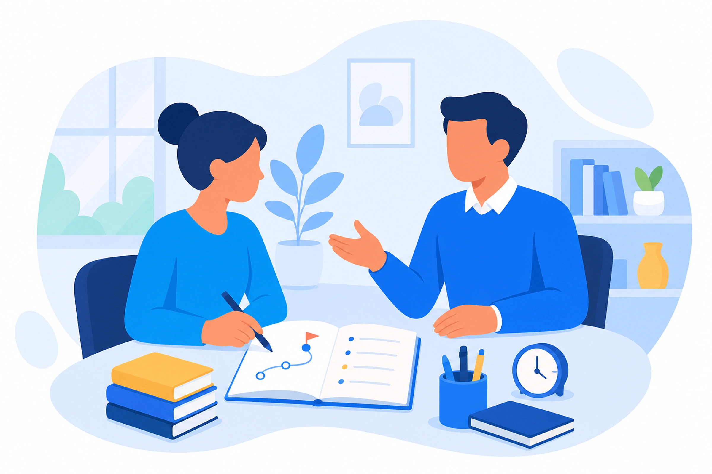 Profesor y alumna planificando juntos los objetivos de la primera clase